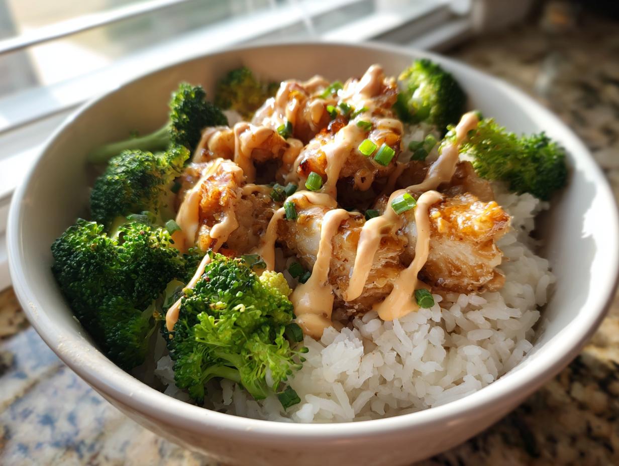 A close-up of a sticky chicken rice bowl topped with bright green broccoli florets and drizzled with a creamy sauce.