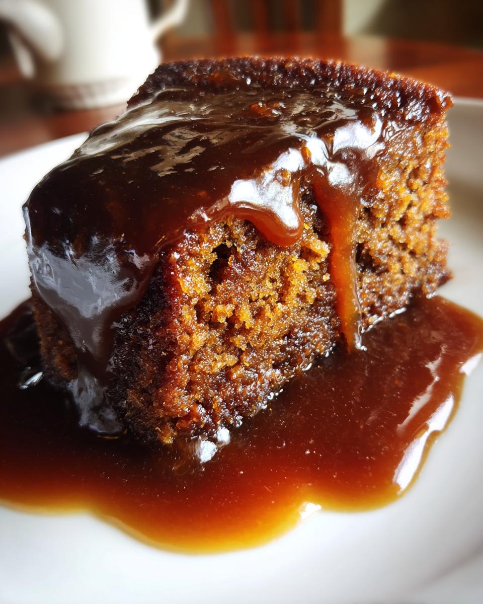 A close-up shot of a moist slice of sticky toffee pudding recipe generously covered in rich toffee sauce.