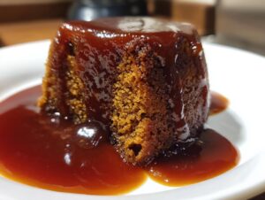 Close-up of a single serving of moist sticky toffee pudding recipe covered in rich toffee sauce.