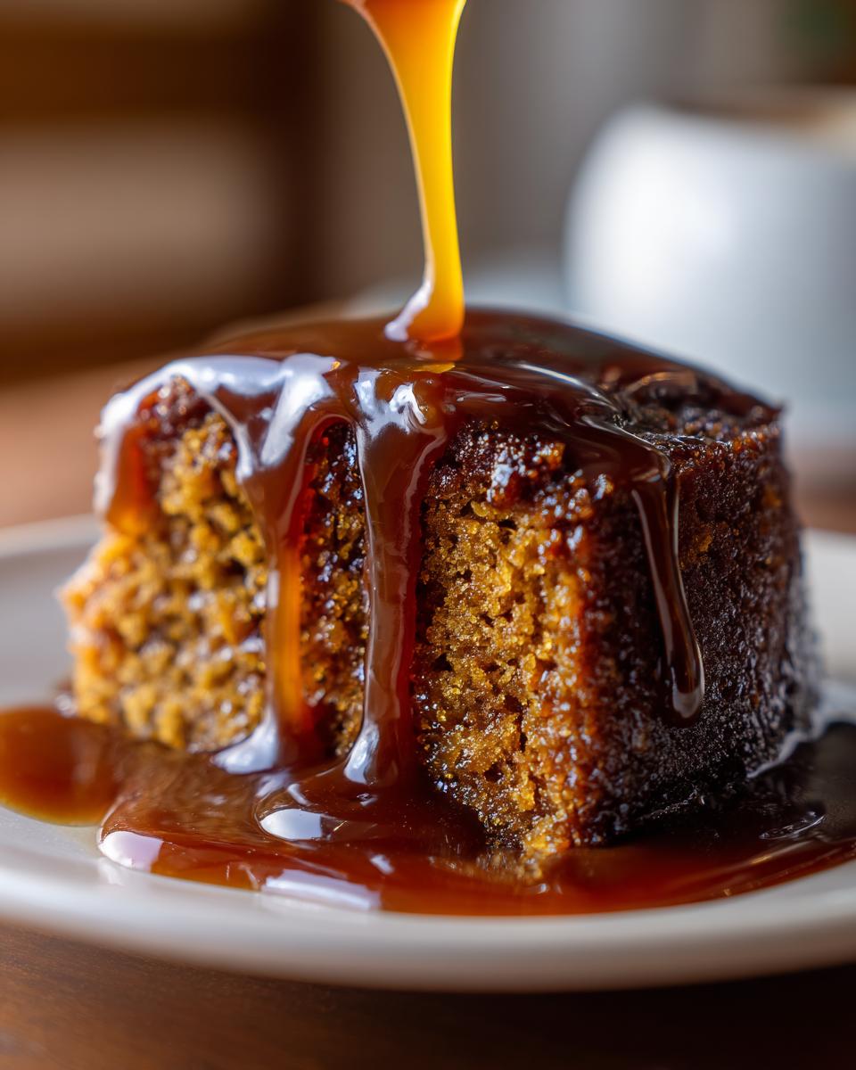 A close-up of a rich, moist slice of sticky toffee pudding being generously covered with warm toffee sauce.
