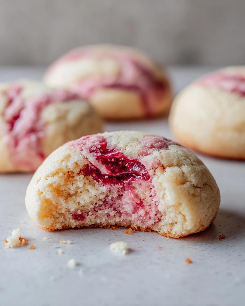 Close-up of a strawberry cheesecake cookie with a bite taken out, revealing the bright red, jammy filling inside.