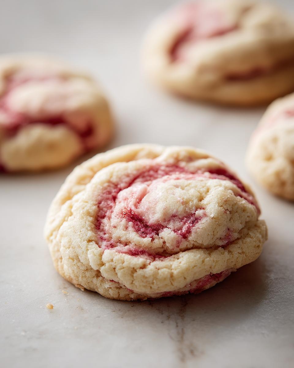 A close-up of a soft, pale cookie featuring a vibrant pink swirl, characteristic of strawberry cheesecake cookies.