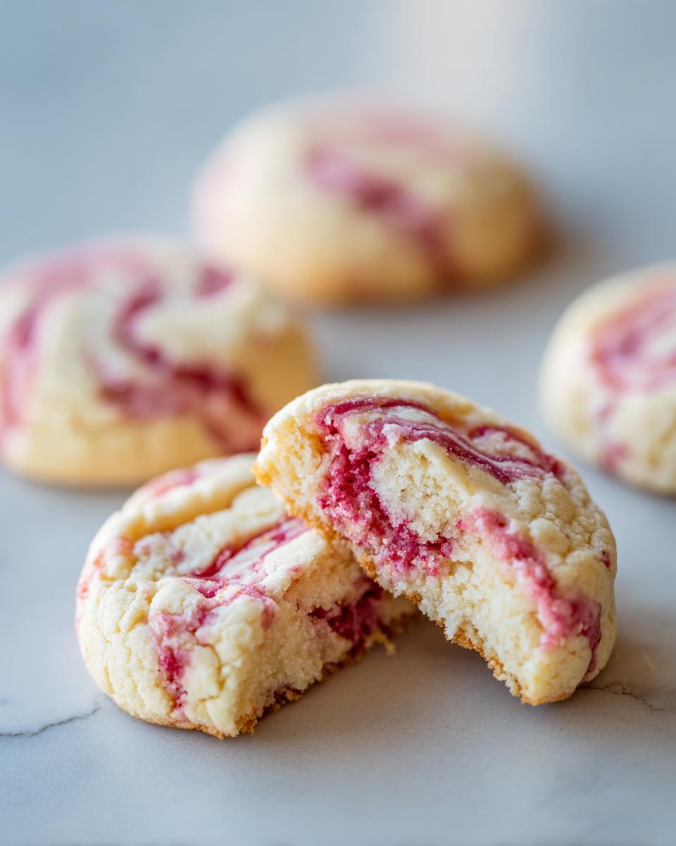 A strawberry cheesecake cookie cut in half showing the soft, chewy interior with bright pink strawberry swirls.