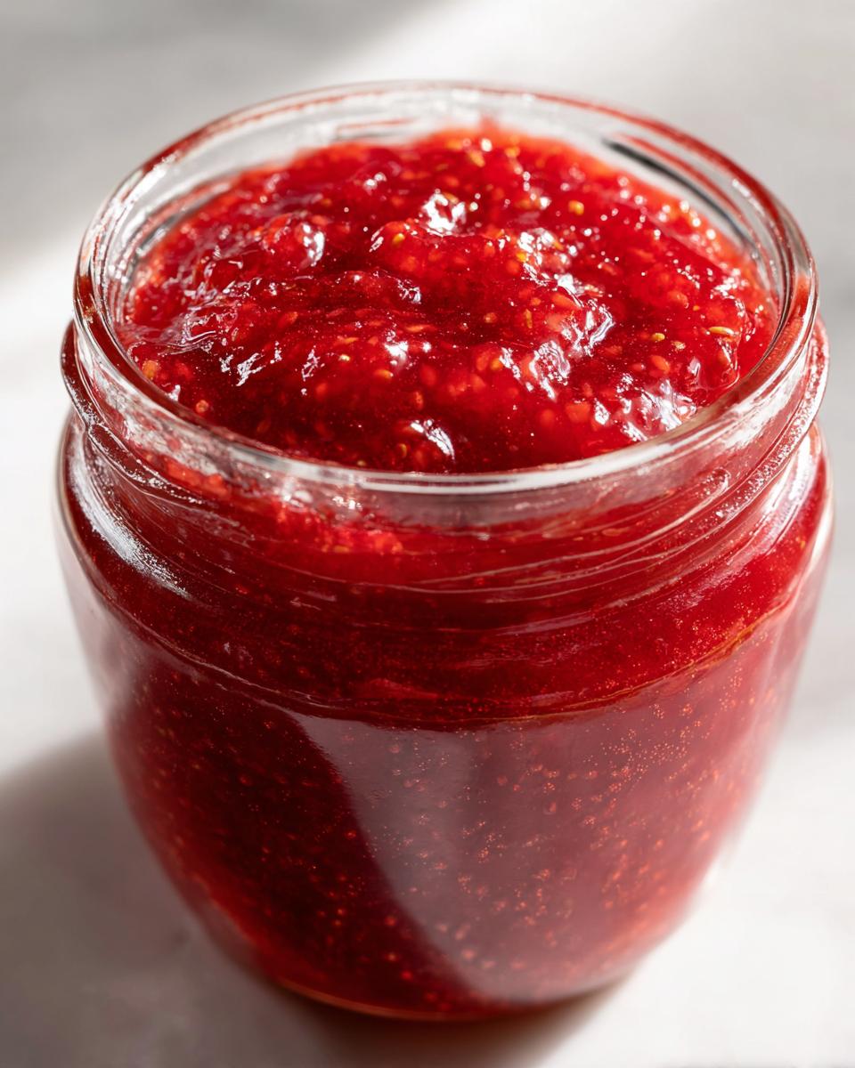 Close-up of a glass jar filled with vibrant, chunky strawberry freezer jam, showing visible seeds.