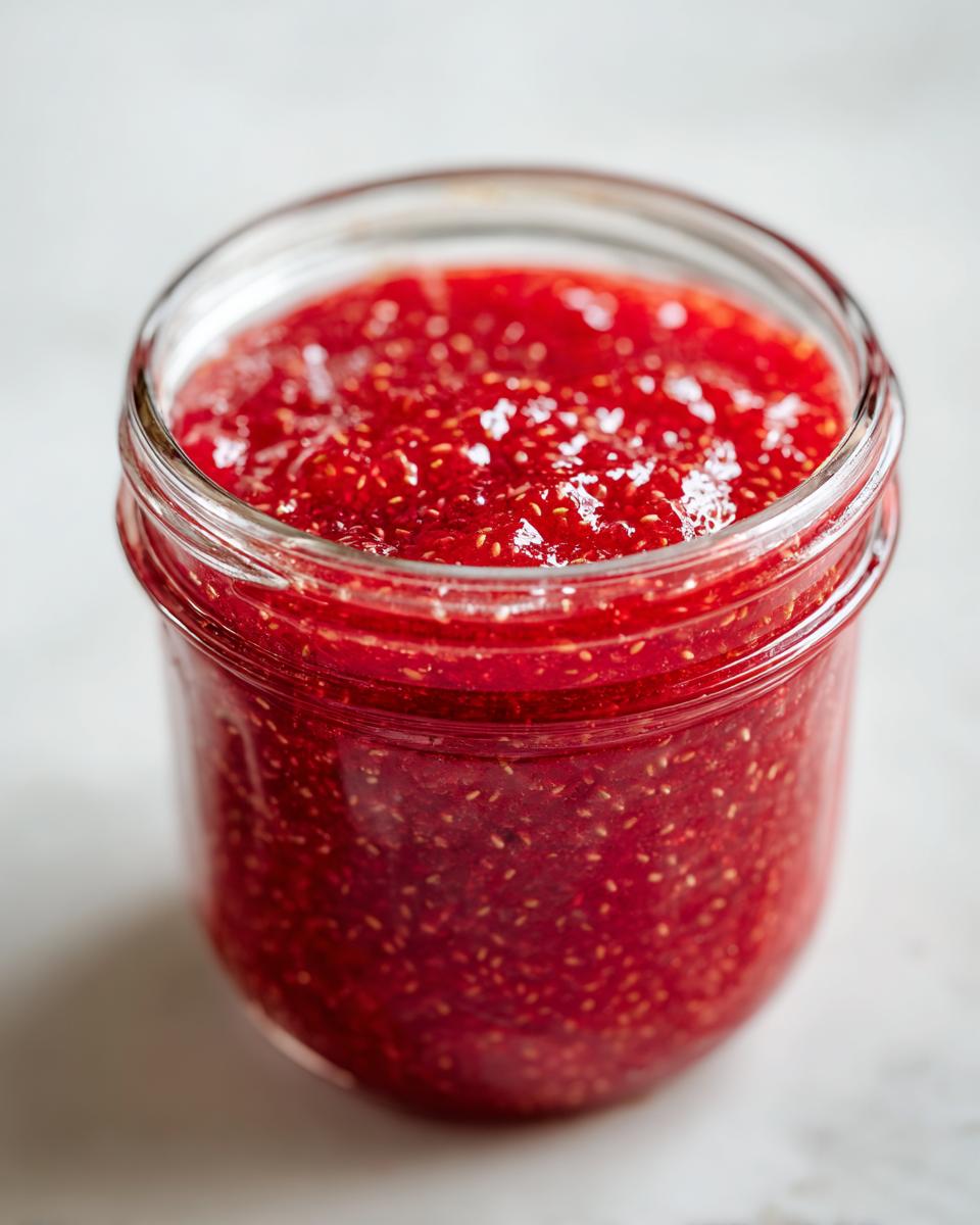 Close-up of a glass jar filled with vibrant, textured strawberry freezer jam, showing visible seeds.
