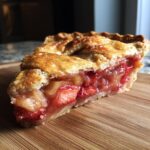 A close-up of a thick slice of strawberry rhubarb pie showing juicy filling and a flaky, golden-brown crust.