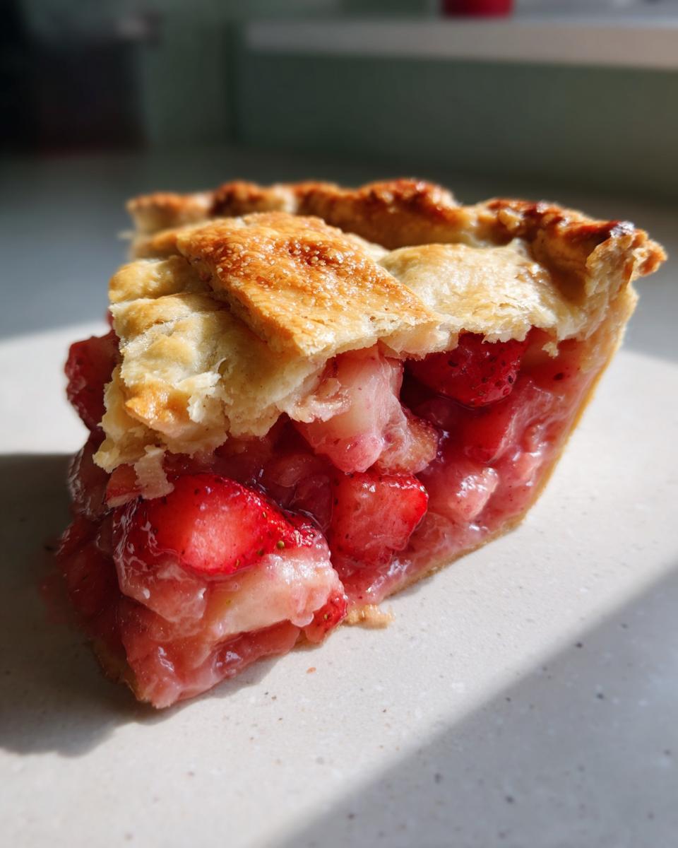 Close-up of a juicy slice of strawberry rhubarb pie showing the filling and golden lattice crust.