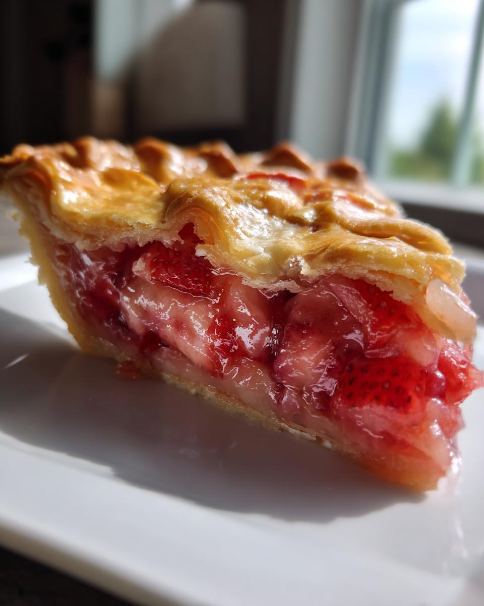 Close-up of a slice of strawberry rhubarb pie showing the bright red filling and golden, flaky crust.