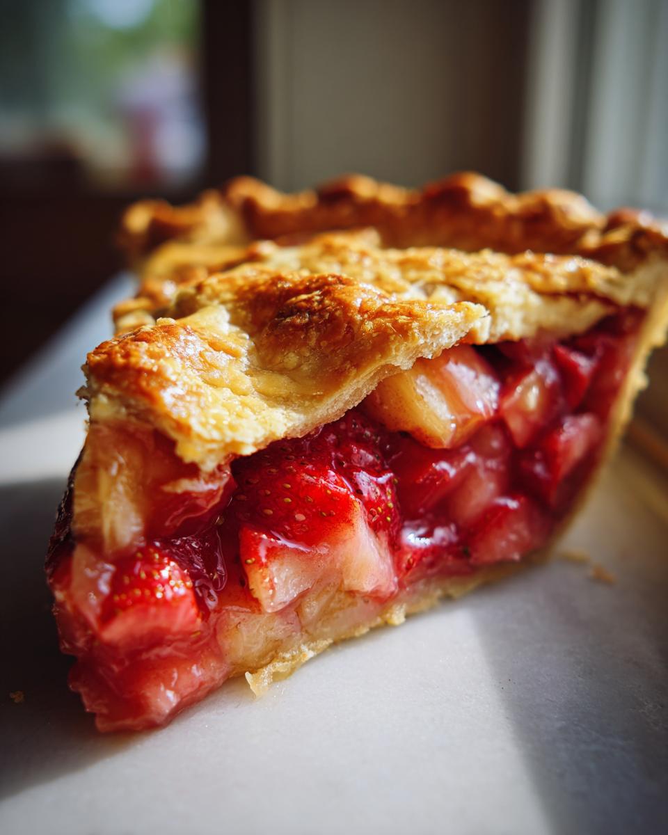 Close-up of a juicy slice of strawberry rhubarb pie showing the bright red filling and flaky, golden top crust.