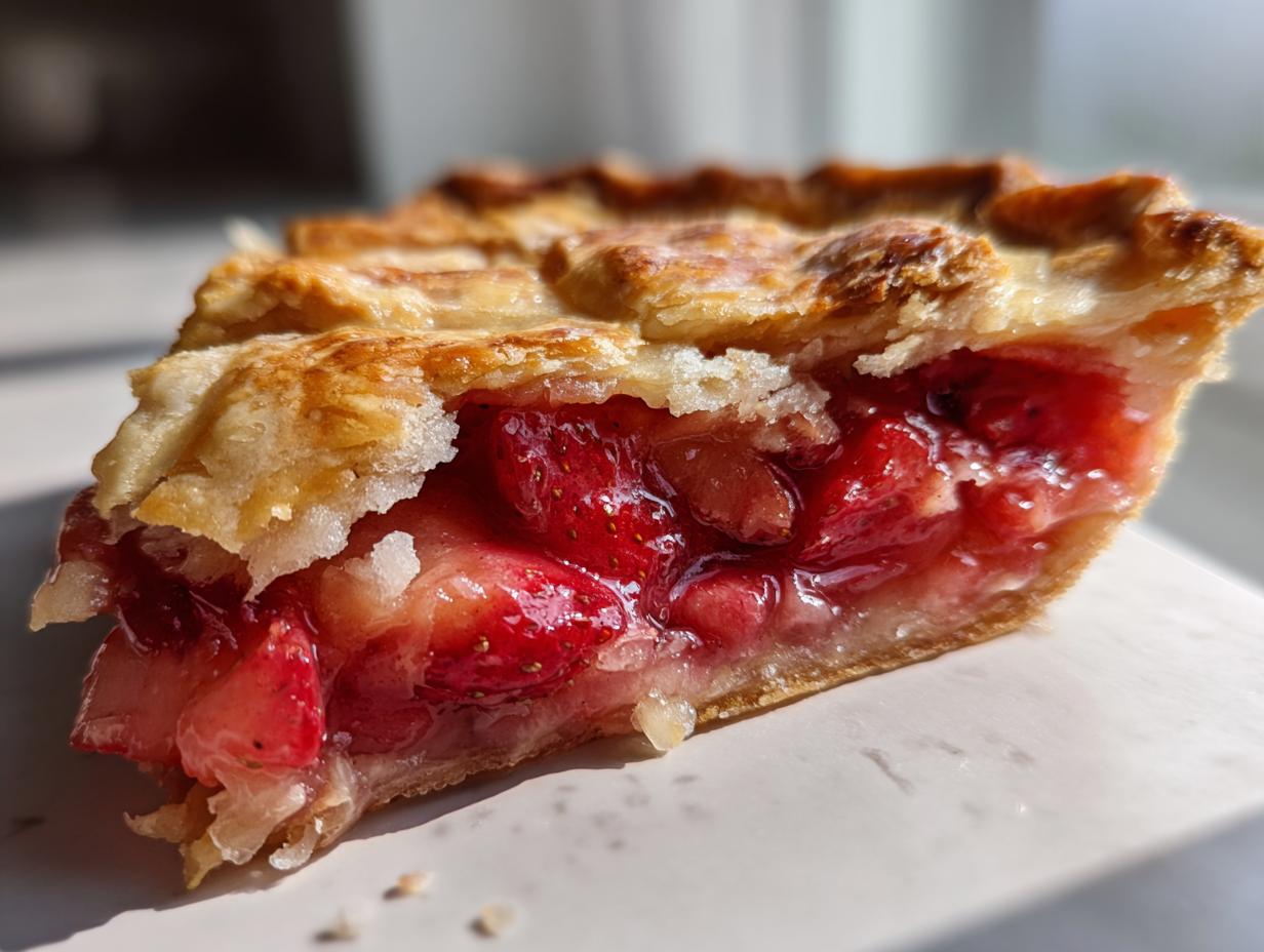 A close-up, sunlit slice of strawberry rhubarb pie showing a thick, gooey strawberry filling and flaky golden crust.