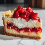 Close-up of a delicious slice of strawberry shortcake cheesecake showing layers of crust, filling, cream, and strawberry topping.