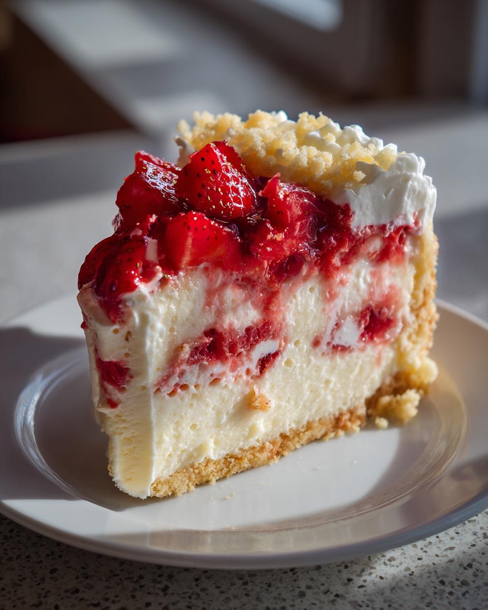 A single, tall slice of strawberry shortcake cheesecake with layers of creamy filling and strawberry topping.