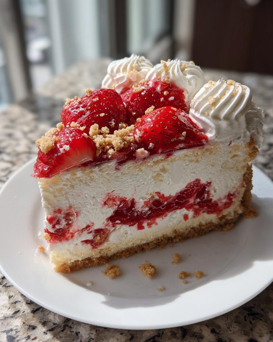 A close-up of a delicious slice of strawberry shortcake cheesecake topped with fresh strawberries and whipped cream rosettes.