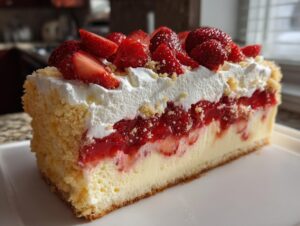 A thick slice of strawberry shortcake cheesecake showing layers of cake, creamy filling, strawberry topping, and whipped cream.