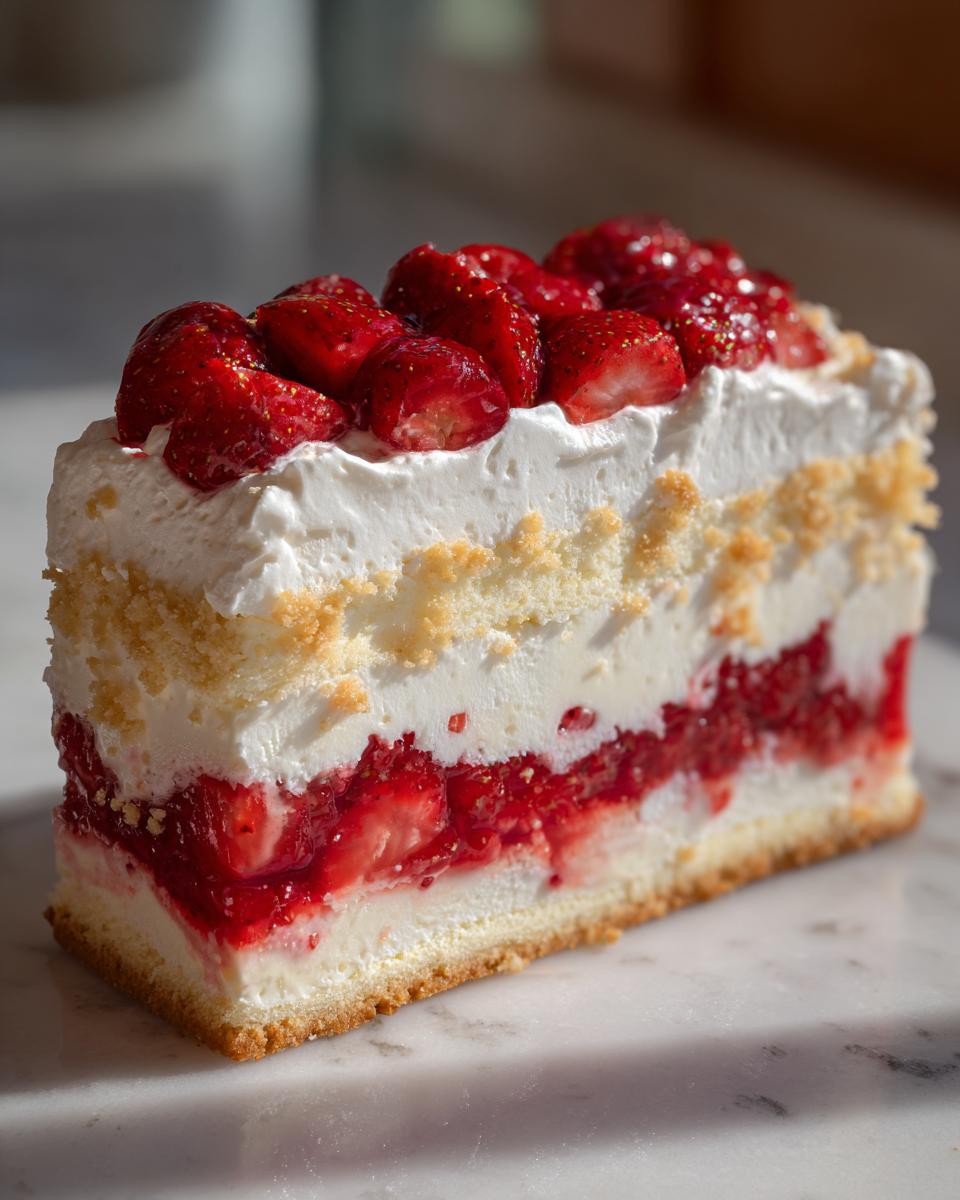 A tall, layered slice of strawberry shortcake cheesecake topped with fresh strawberries and whipped cream.