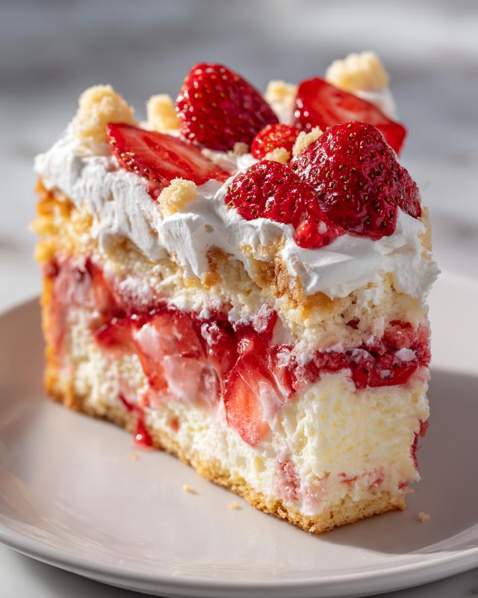 A tall slice of strawberry shortcake cheesecake topped with whipped cream and fresh strawberries.