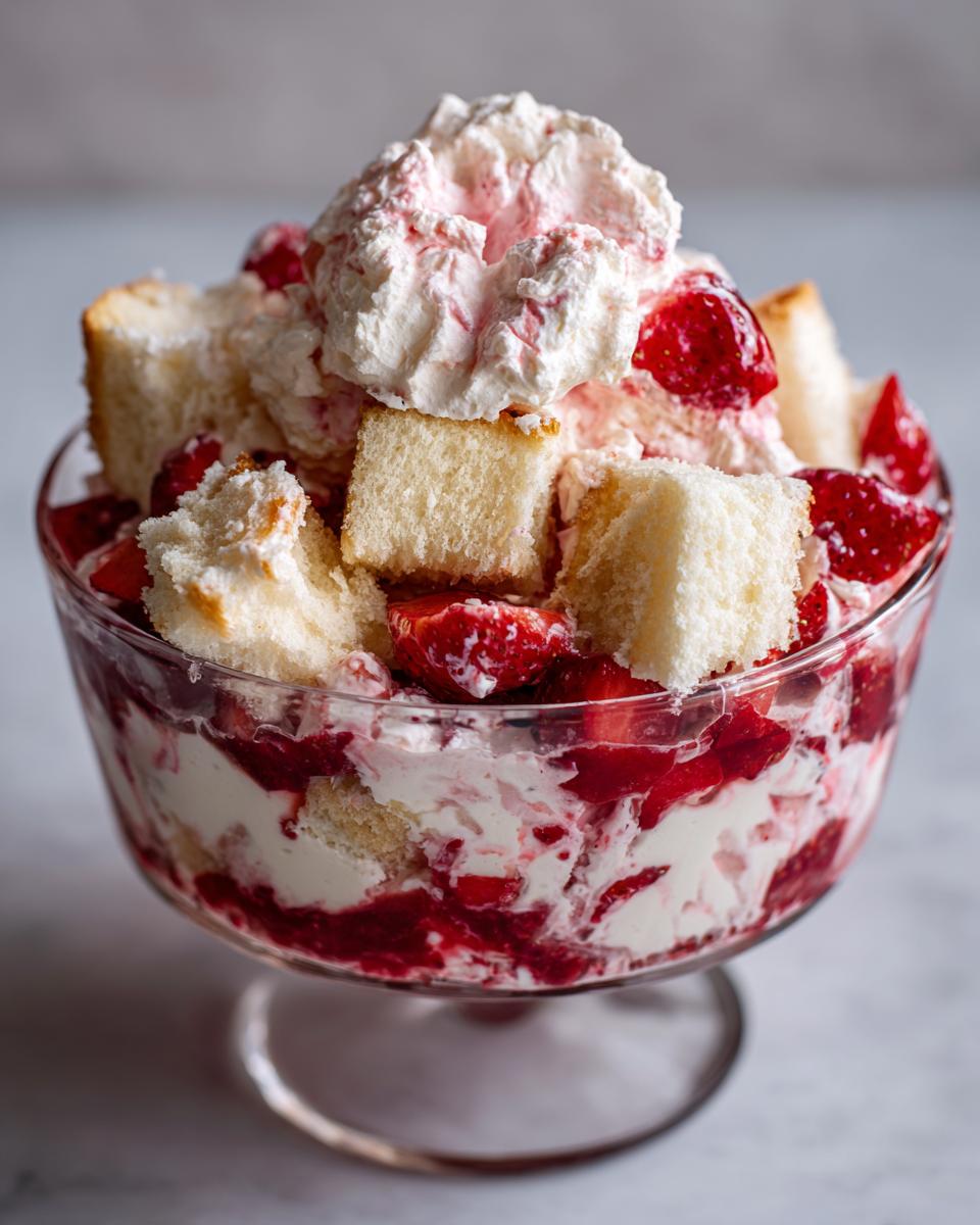 Close-up of a layered strawberry shortcake trifle featuring cake cubes, macerated strawberries, and whipped cream.