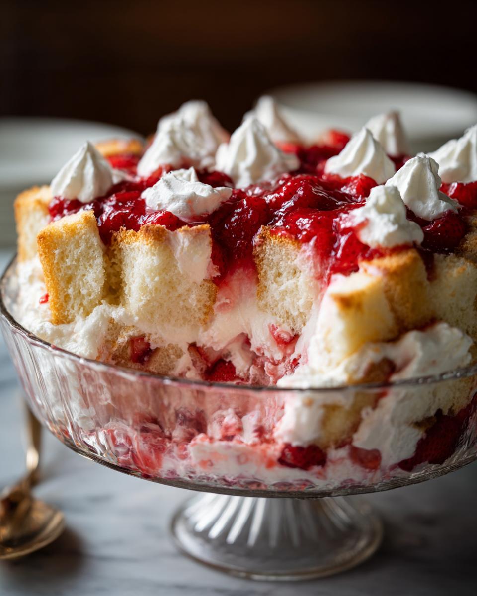 A portion scooped out of a stunning strawberry shortcake trifle layered with cake, cream, and strawberry topping in a glass pedestal bowl.