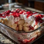 A portion removed from a glass dish showing layers of cake, whipped cream, and macerated strawberries in a strawberry shortcake trifle.