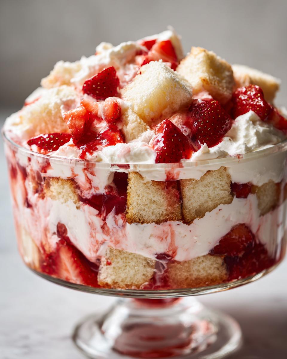 Close-up of a stunning strawberry shortcake trifle layered with cake cubes, whipped cream, and macerated strawberries in a glass pedestal dish.