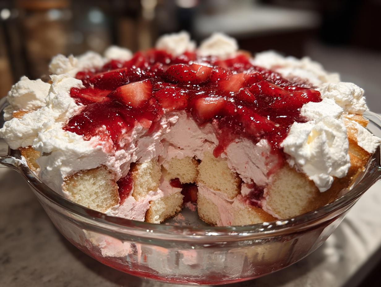 A close-up view of a serving spoon removing a piece from a strawberry shortcake trifle, showing layers of cake, pink cream, and strawberry topping.