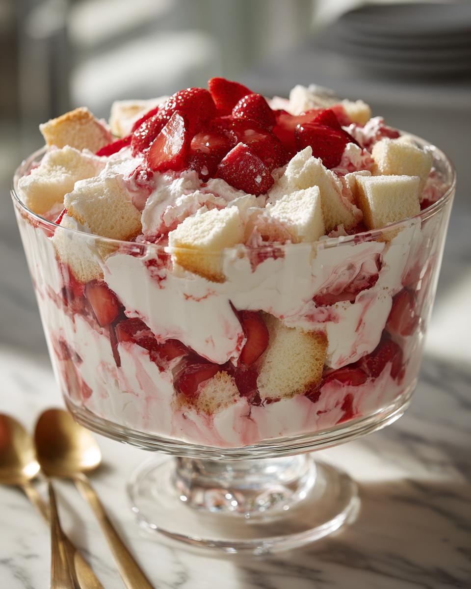 Close-up of a beautiful strawberry shortcake trifle layered with whipped cream, cake cubes, and macerated strawberries in a glass pedestal bowl.