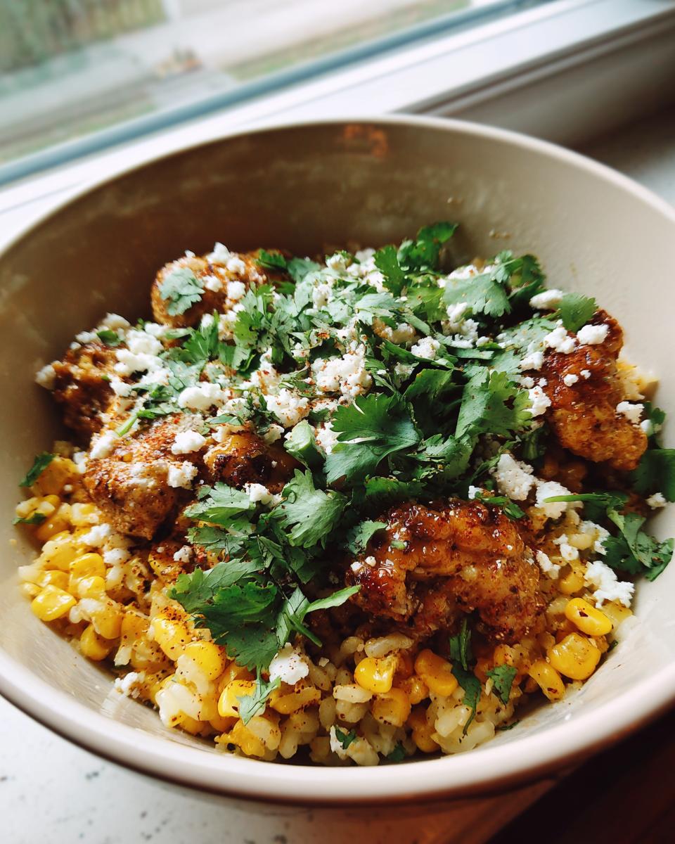 A close-up of a street corn chicken rice bowl topped generously with cilantro, cotija cheese, and spices.