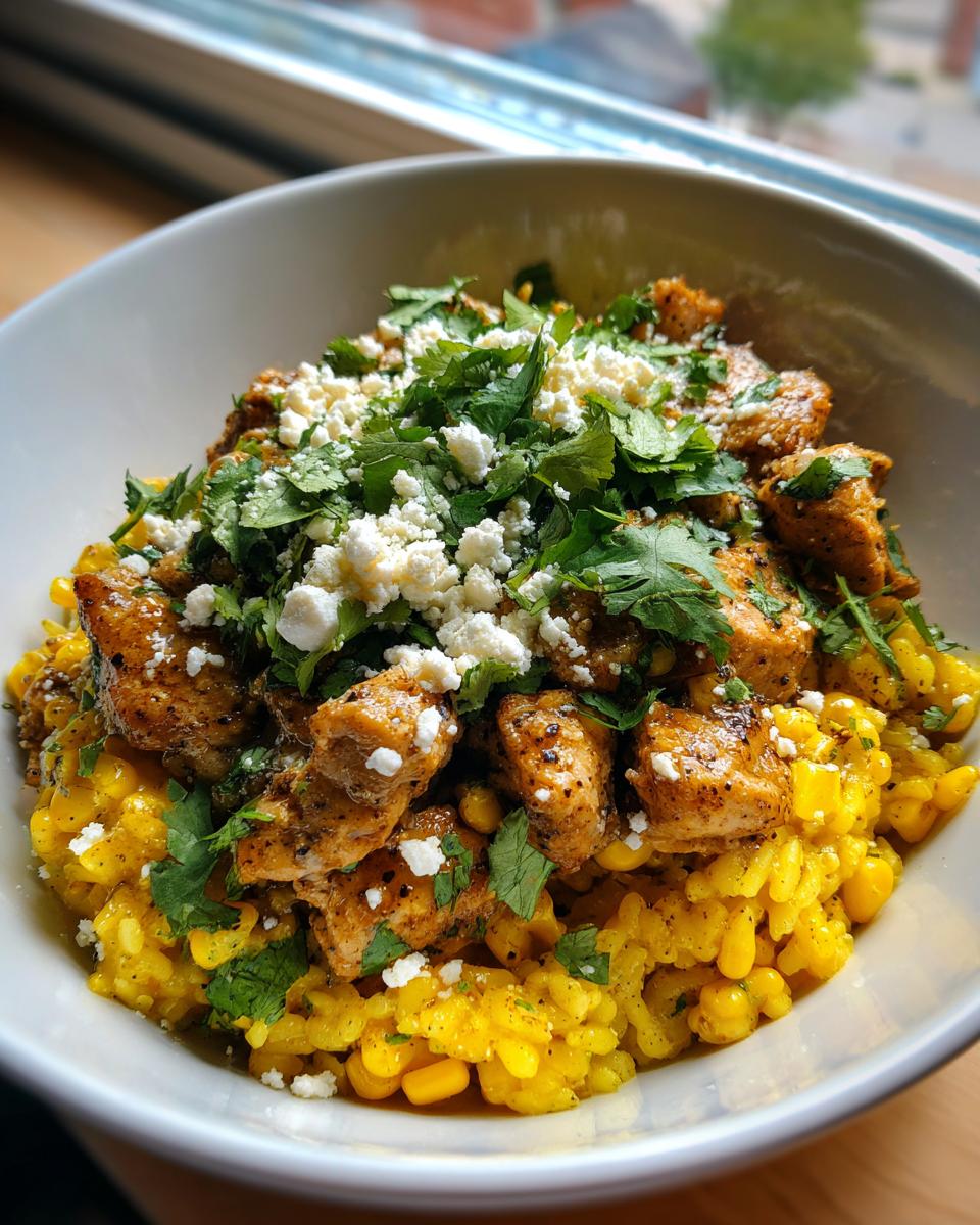 A close-up of a street corn chicken rice bowl featuring seasoned chicken, yellow corn rice, crumbled white cheese, and fresh cilantro.