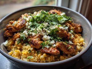 A close-up view of a street corn chicken rice bowl topped with crumbled white cheese and fresh cilantro.