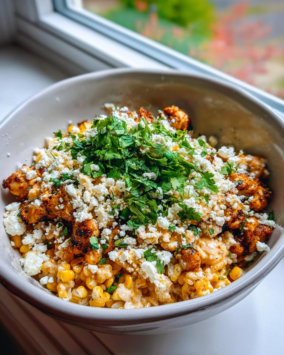 A close-up of a street corn chicken rice bowl topped generously with crumbled white cheese and fresh cilantro.
