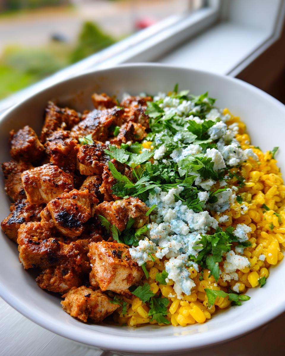 A close-up of a street corn chicken rice bowl featuring seasoned chicken, yellow rice, cotija cheese, and cilantro.