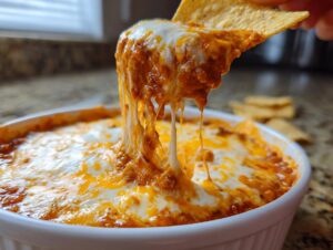 A tortilla chip pulls up a generous scoop of hot, gooey chili cheese dip with long, stretchy melted cheese strings.