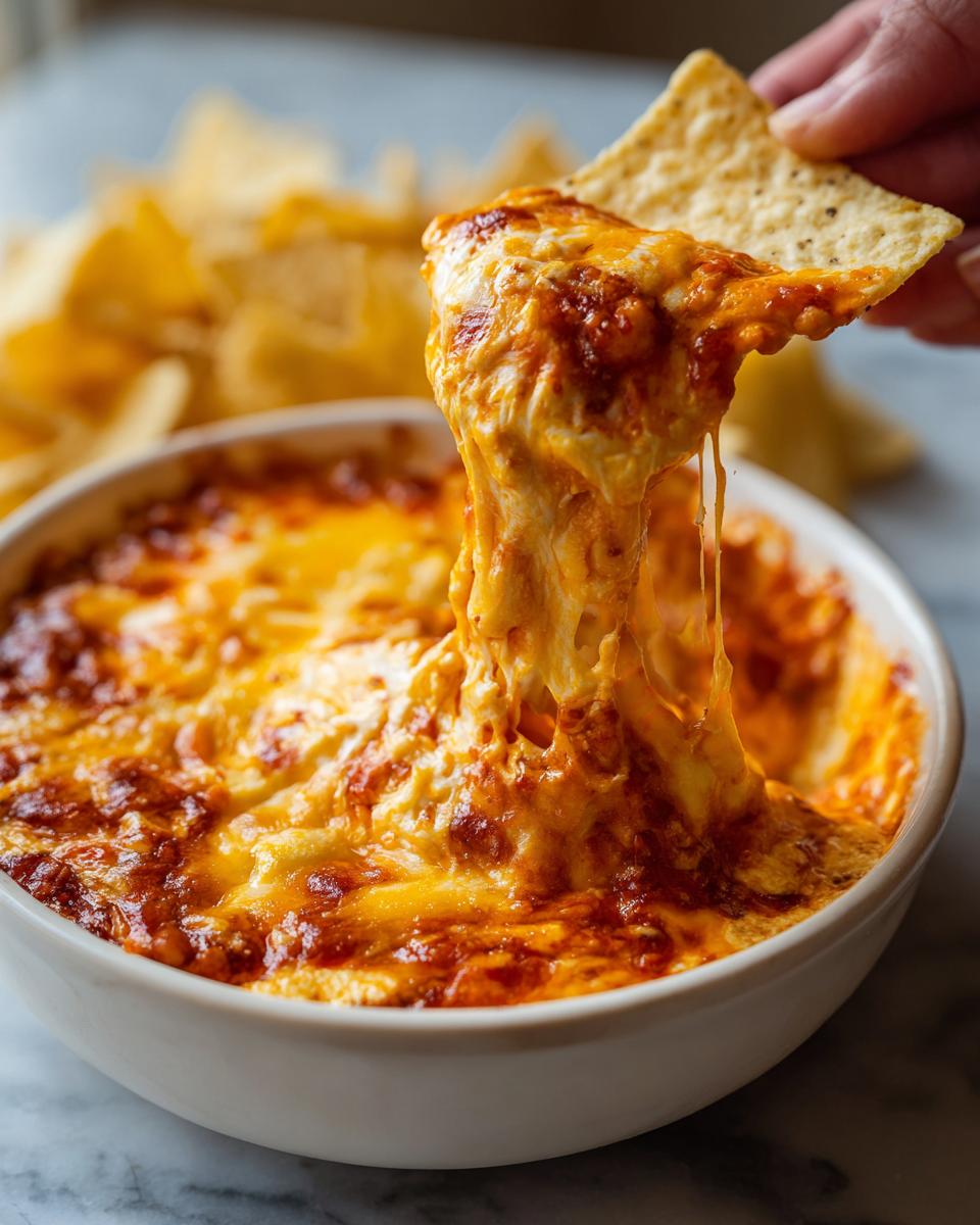 A hand scoops a tortilla chip loaded with gooey, melted chili cheese dip, showing long cheese pulls.
