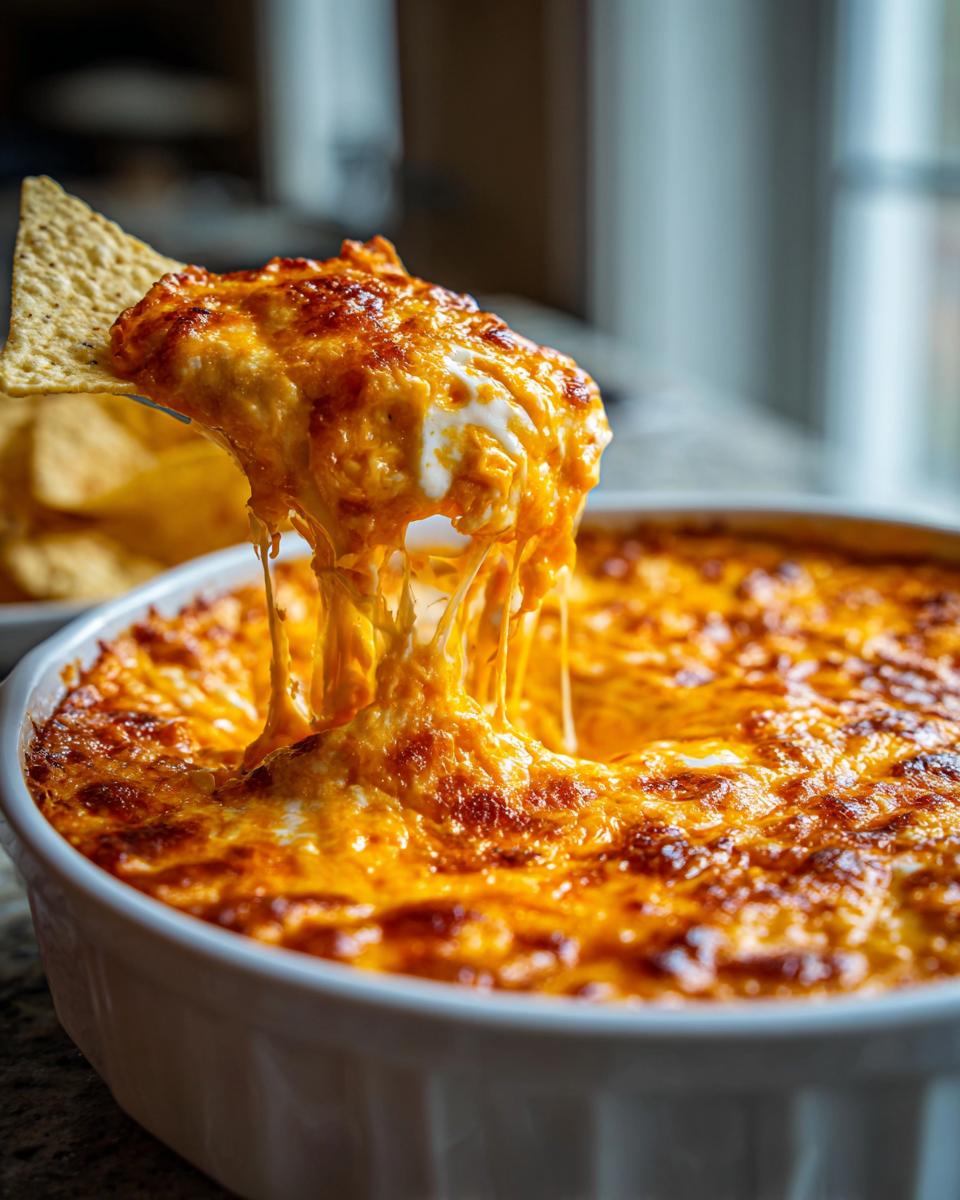 A tortilla chip scoops up gooey, melted chili cheese dip, showing incredible cheese pulls from the white baking dish.