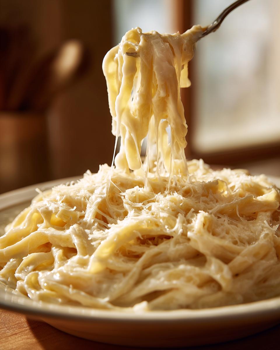 A fork lifts creamy fettuccine noodles coated in rich olive garden alfredo sauce, topped with grated Parmesan cheese.