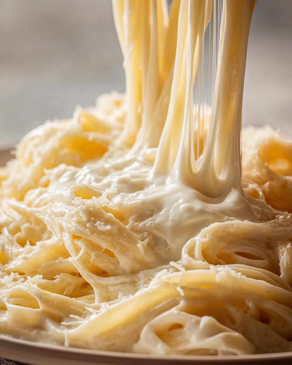 Close-up of fettuccine pasta being coated with thick, creamy olive garden alfredo sauce, showing dramatic cheese pulls.