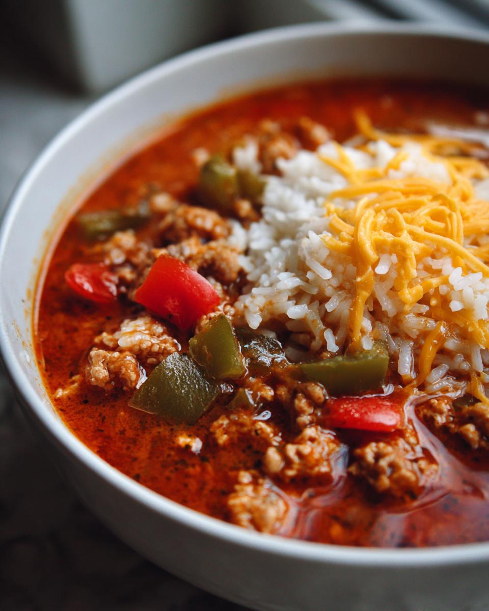 Close-up of a white bowl filled with rich, red stuffed pepper soup, topped with white rice, shredded cheddar, and chunks of green and red peppers.