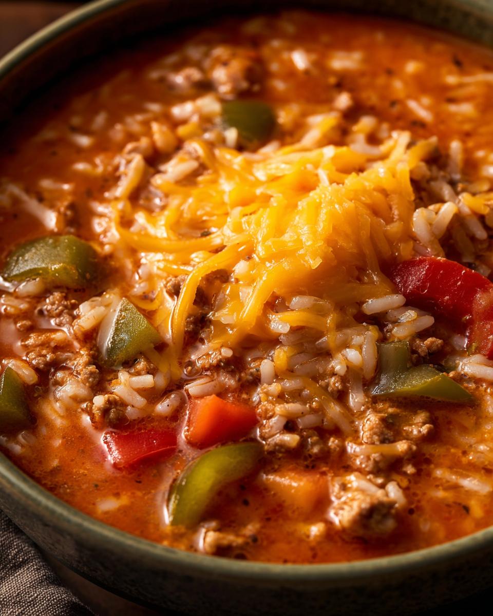 Close-up of a bowl of rich, tomato-based stuffed pepper soup with ground meat, rice, peppers, and melted cheddar cheese.