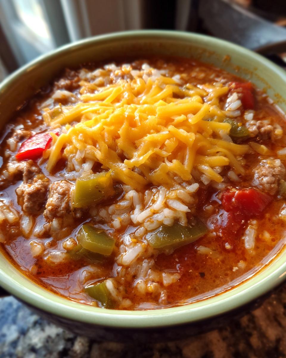 Close-up of a bowl of stuffed pepper soup topped with melted shredded cheddar cheese.