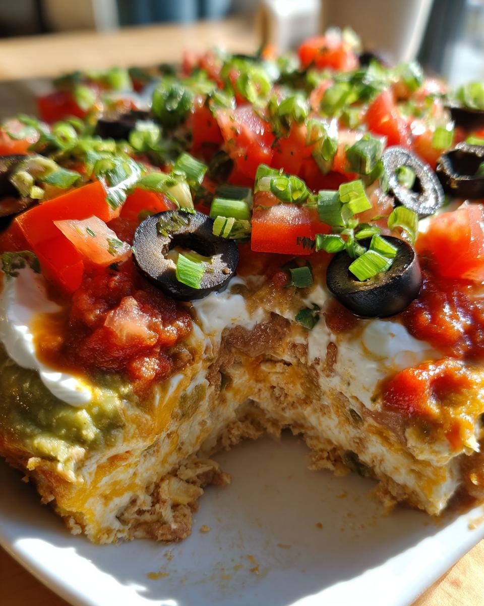 A close-up cross-section view showing the creamy layers of the stunning 7 layer dip, topped with tomatoes, olives, and green onions.