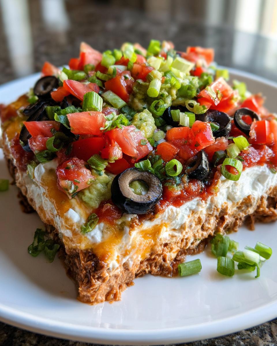 A generous slice of stunning 7 layer dip showing distinct layers topped with sour cream, salsa, olives, tomatoes, and green onions.