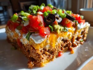 A close-up, cross-section view of a rich 7 layer dip slice showing layers of meat, cheese, sour cream, and fresh toppings.