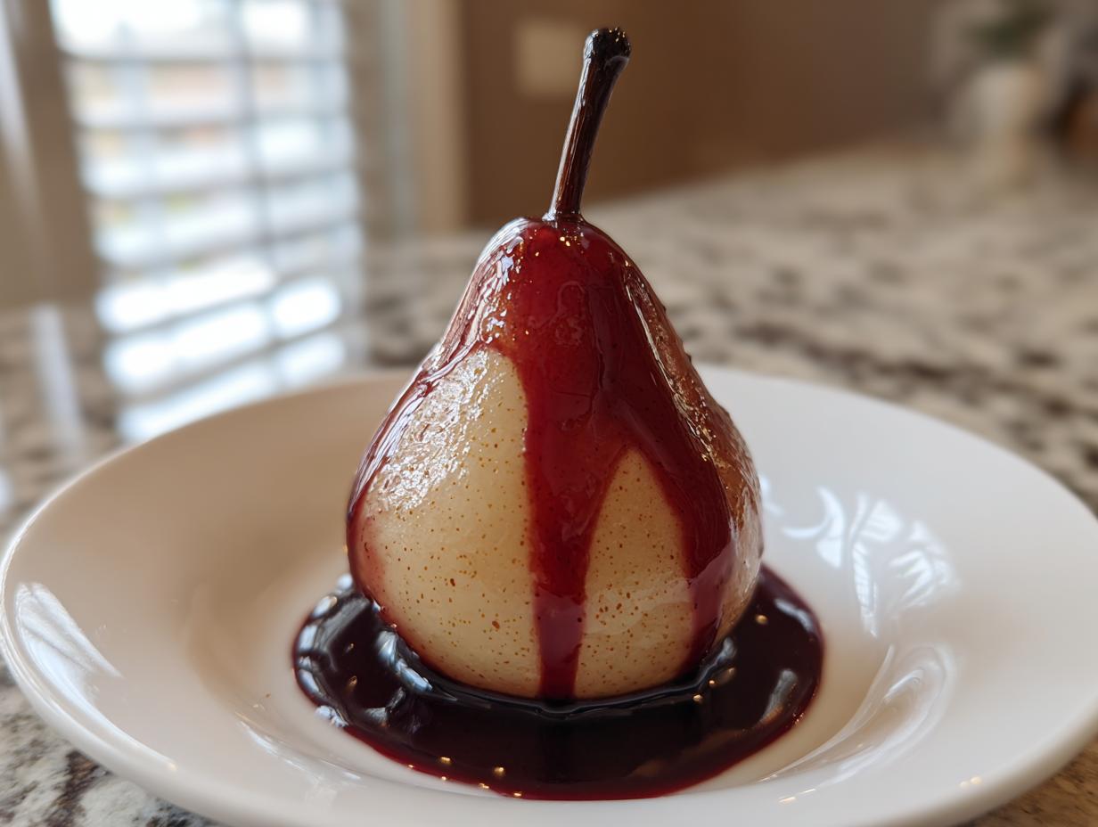A single, perfectly poached pear drizzled with deep red syrup, served on a white plate.