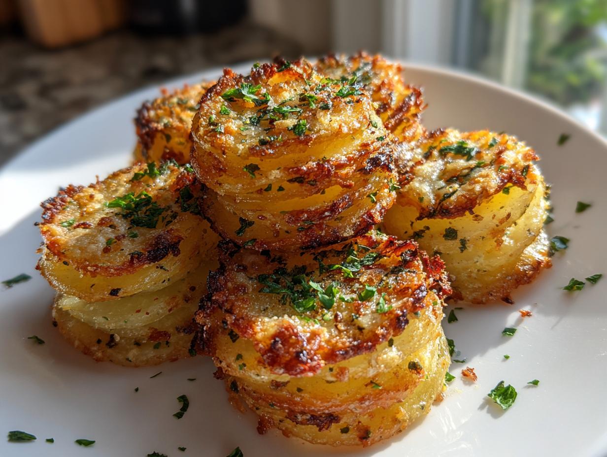 A close-up of five crispy, golden brown potato stacks seasoned and topped with fresh parsley.