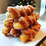A stack of golden, deep-fried, sugar-coated pieces resembling a korean corn dog served on a white plate.