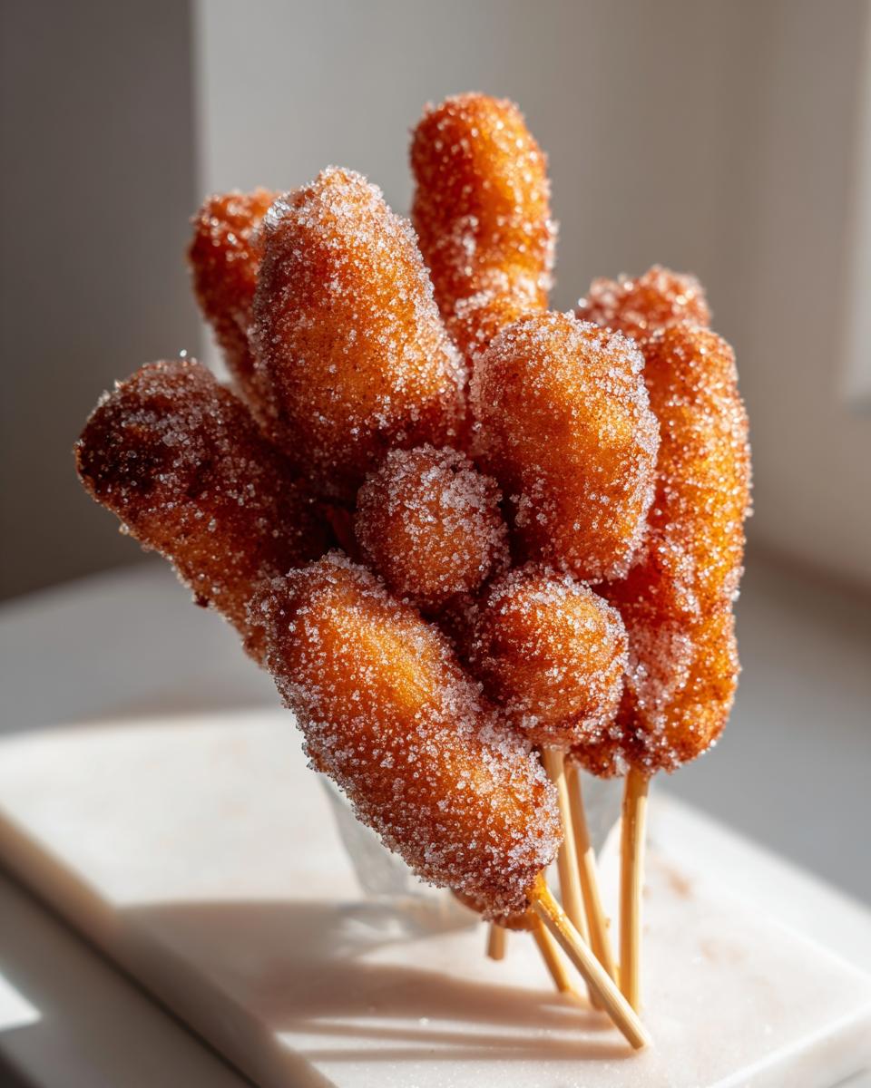 A bouquet of freshly fried, golden korean corn dog sticks heavily coated in granulated sugar.