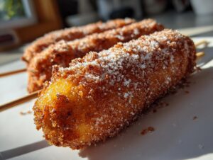 Close-up of a golden-brown, sugar-coated korean corn dog on a stick, sitting on a white plate.