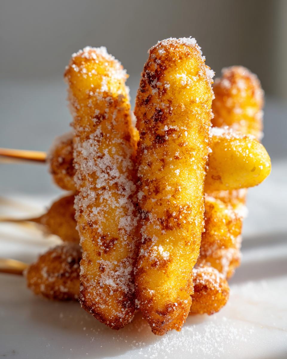 A stack of golden-brown, deep-fried korean corn dog sticks heavily coated in granulated sugar.