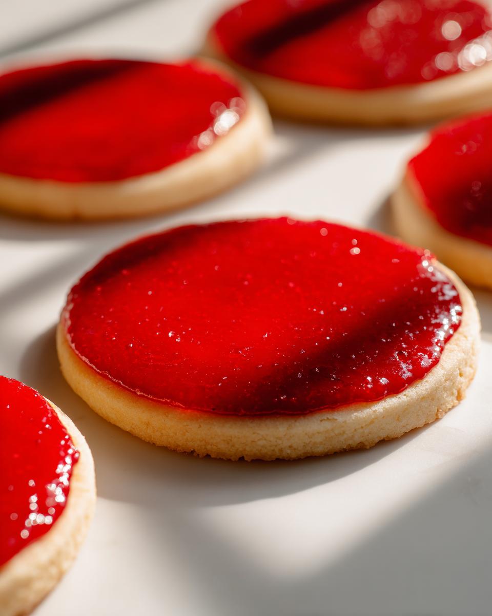 Close-up of round sugar cookies topped with a vibrant, glossy red sugar cookie icing recipe.