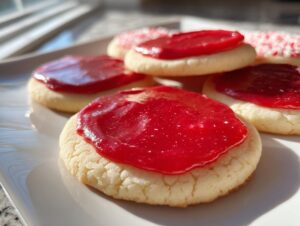 Close-up of soft sugar cookies topped with vibrant, glossy red sugar cookie icing recipe glaze.